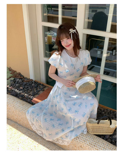[RF] “Blue Butterfly Letter” Light Blue Floral Bow Midi Dress