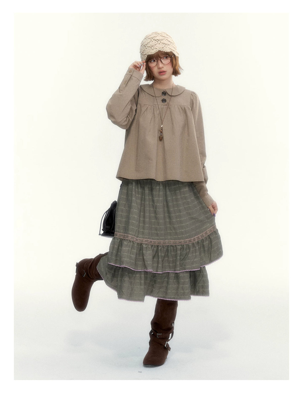 Dried Grass Green Vintage Lace Tiered A-Line Skirt