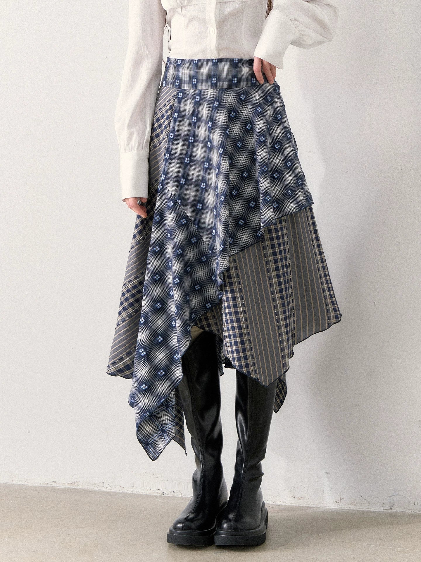 [TMMG] Retro Sweetheart Collar Shirt & Denim Corset Waist Belt Asymmetric Plaid Skirt Set