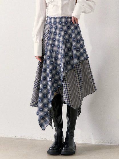 [TMMG] Retro Sweetheart Collar Shirt & Denim Corset Waist Belt Asymmetric Plaid Skirt Set