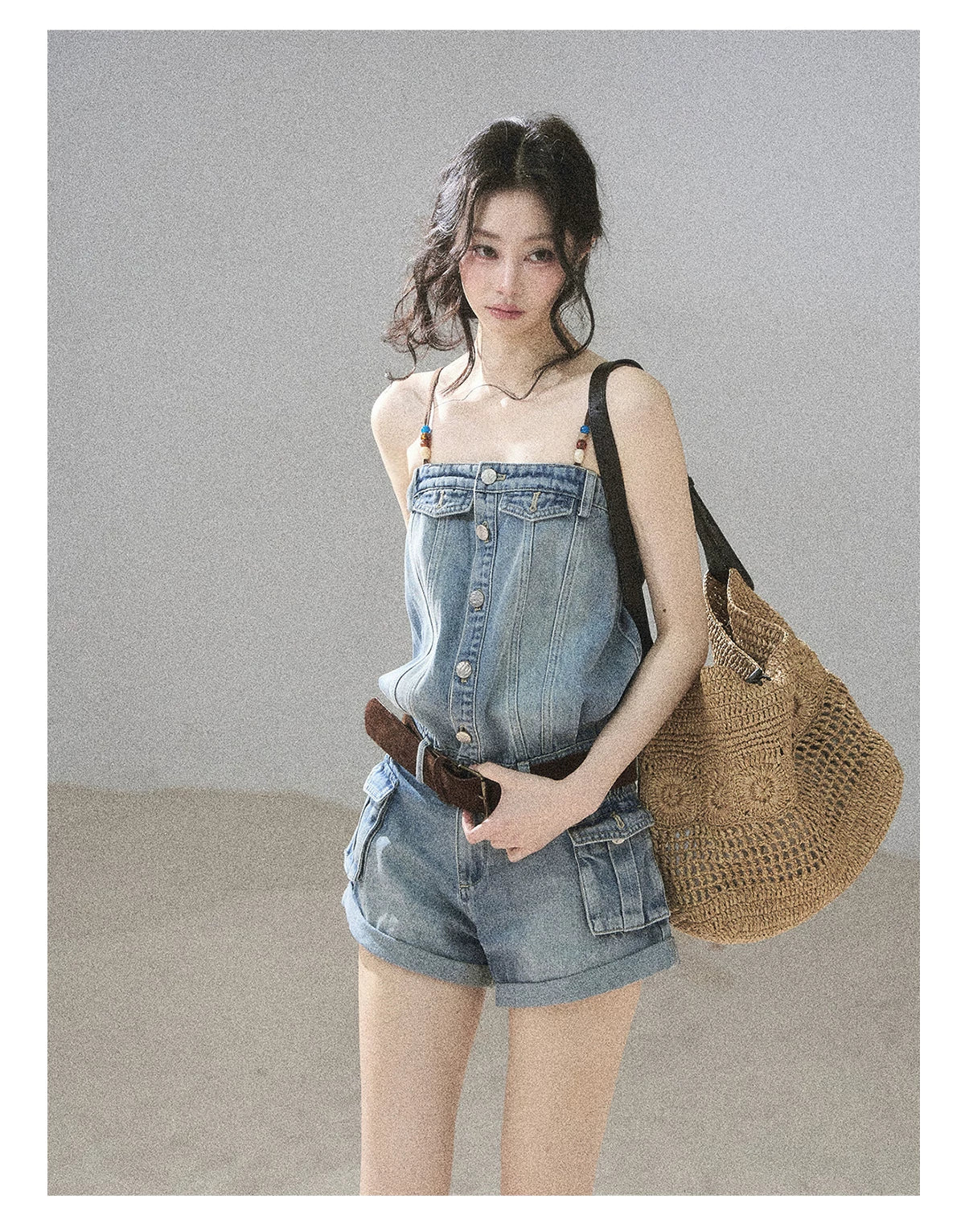 "A Walk by the Sea" Collegiate Blue Denim Utility Romper (With Belt)