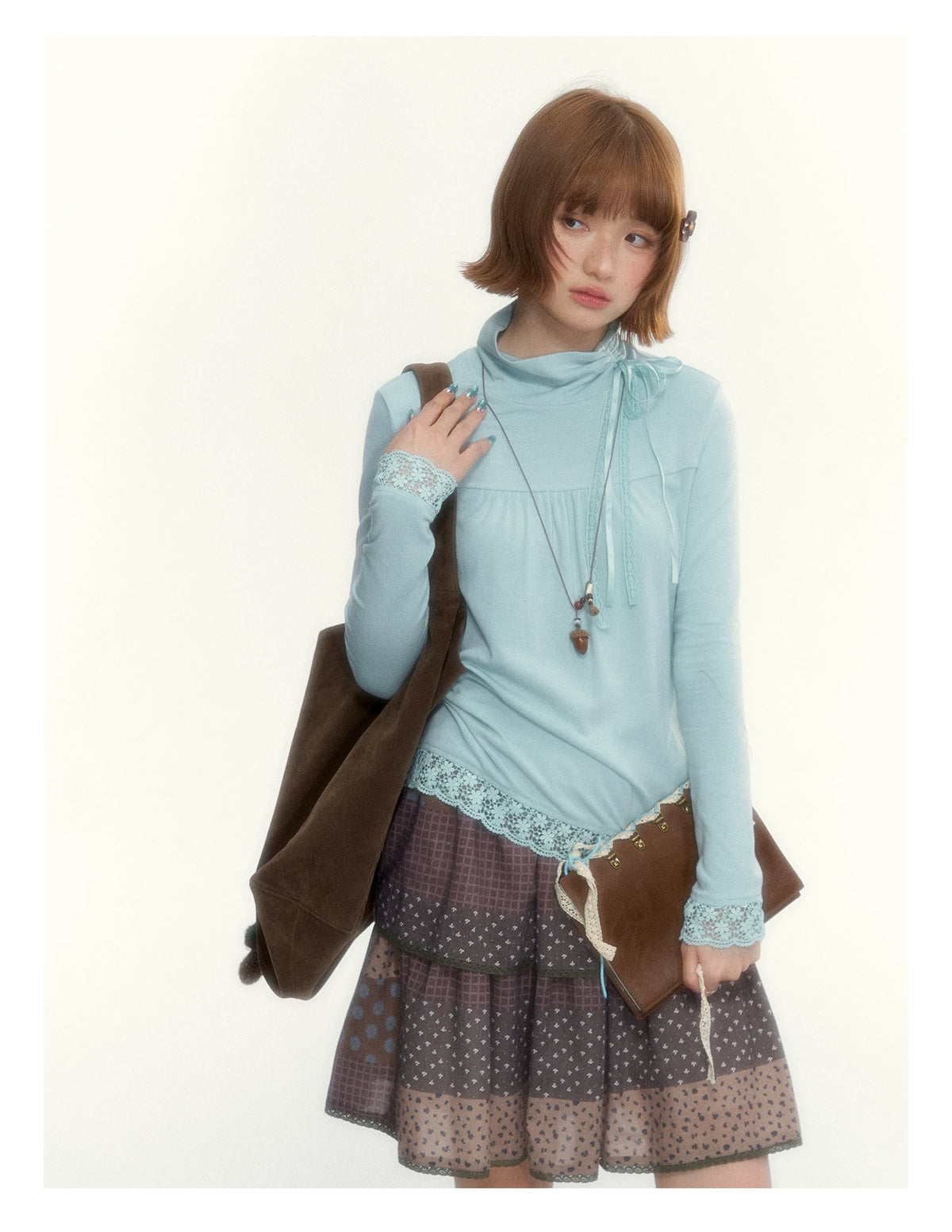 “Mint Milk Pudding” Mint Blue Lace-Trimmed Mock Neck Knit Top