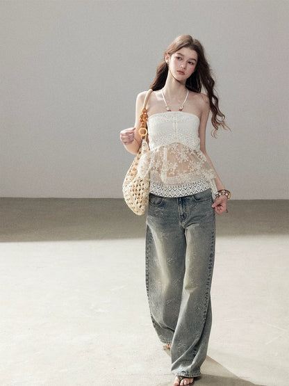 "Where the Waves Meet Her" Creamy Apricot White Lace Halter Sheer Top