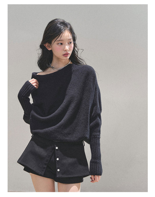 少也眼 “Soft Minimalism” Off-Shoulder Versatile Knit Top - Black 6416515