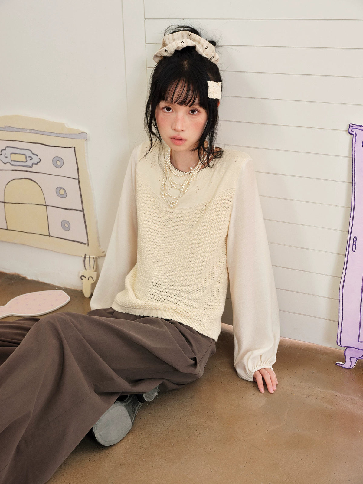 DAILY ARTIST - “Soft Woven Wind” Silk-Wool Sheer Sleeve Knit Top (Brown / Beige)