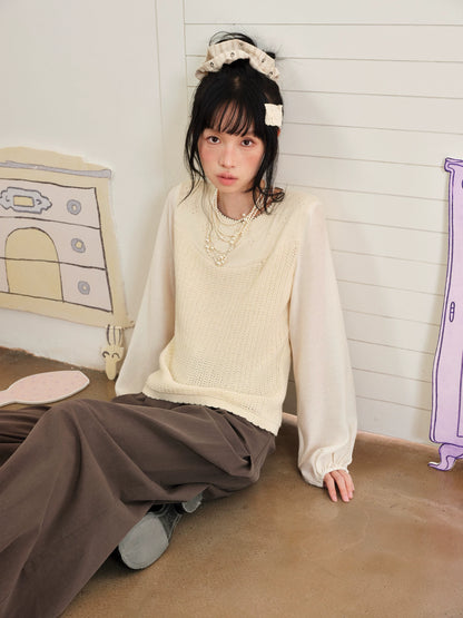 DAILY ARTIST - “Soft Woven Wind” Silk-Wool Sheer Sleeve Knit Top (Brown / Beige)