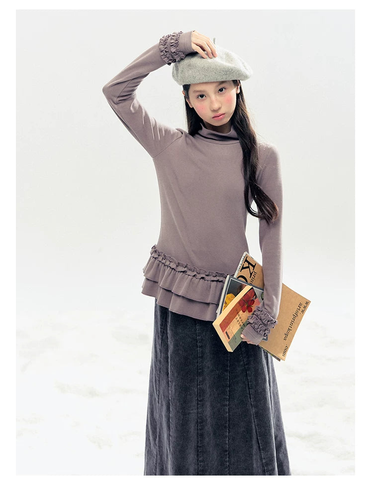 "Lavender Mist" Smoky Mauve Ruffle Ruched Turtleneck Knit Top