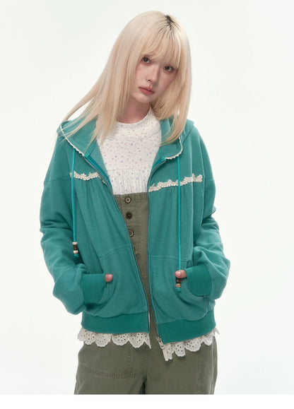 [CAN] Green Lace-Trim Waffle Knit Zip-Up Hoodie