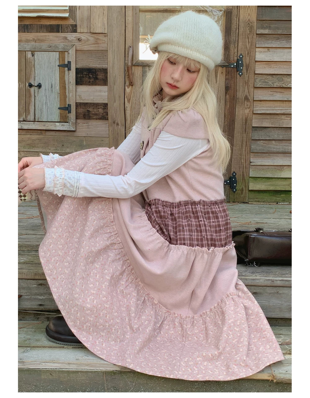 RF - Dusty Pink Patchwork Sleeveless A-Line Dress with Star Buttons