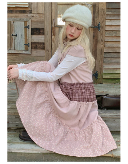 RF - Dusty Pink Patchwork Sleeveless A-Line Dress with Star Buttons