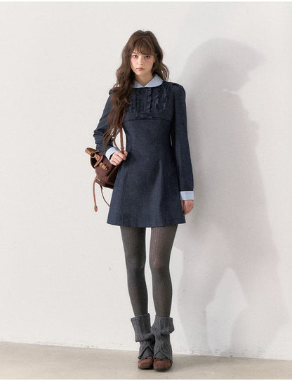 [TMMG] French Vintage Deep Navy Faux Two-Piece Ruffle Dress