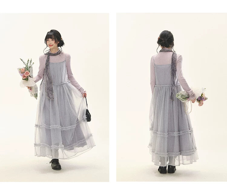 "Morning Veil" Morning Mist Purple Tiered Mesh Slip Midi Dress