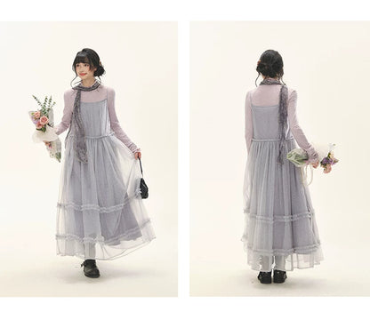 "Morning Veil" Morning Mist Purple Tiered Mesh Slip Midi Dress