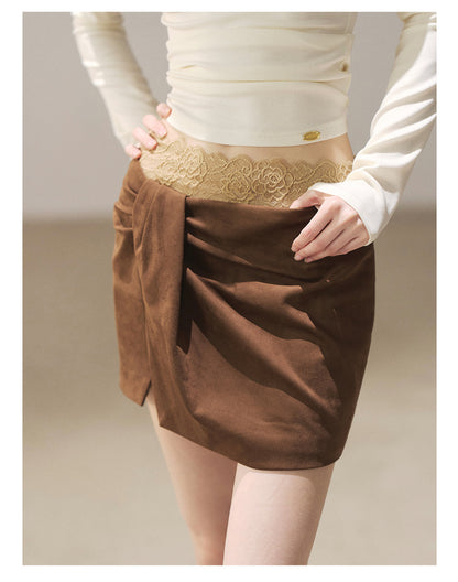 170726  "The Gentle Evening Breeze" Roasted Pecan Lace-Trim Faux Layered Wrap Mini Skirt