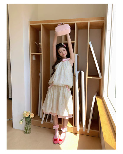 “Peach Cream Brioche” Cream Apricot Floral Bubble Skirt Set