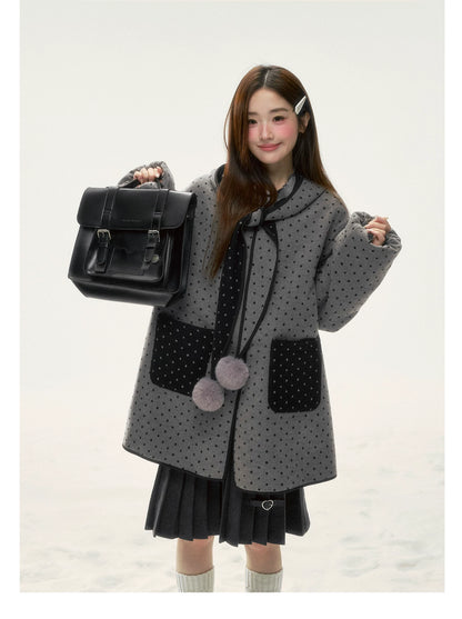 BIBIBENCY - Gray & Black Reversible Polka Dot Wool-Look Coat