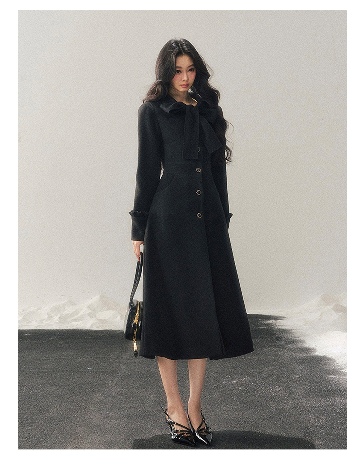 少也眼 "Snowfall Night" Wool-Blend Padded Coat – Rock Black Bow Edition