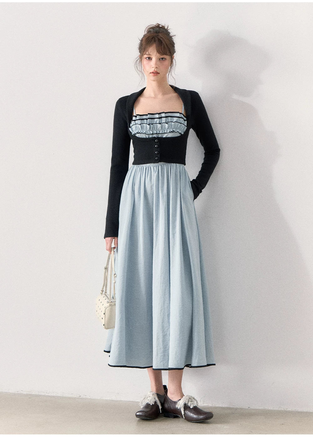 [TMMG] French Vintage Ruffle Dress & Cropped Knit Cardigan Set