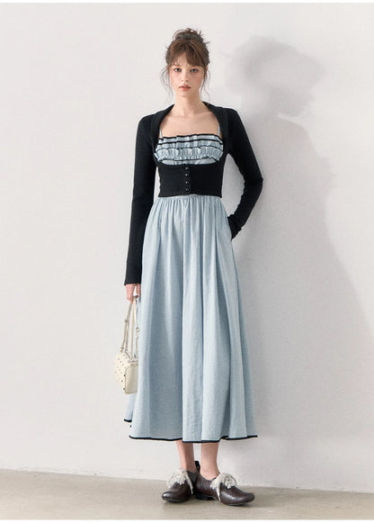 [TMMG] French Vintage Ruffle Dress & Cropped Knit Cardigan Set