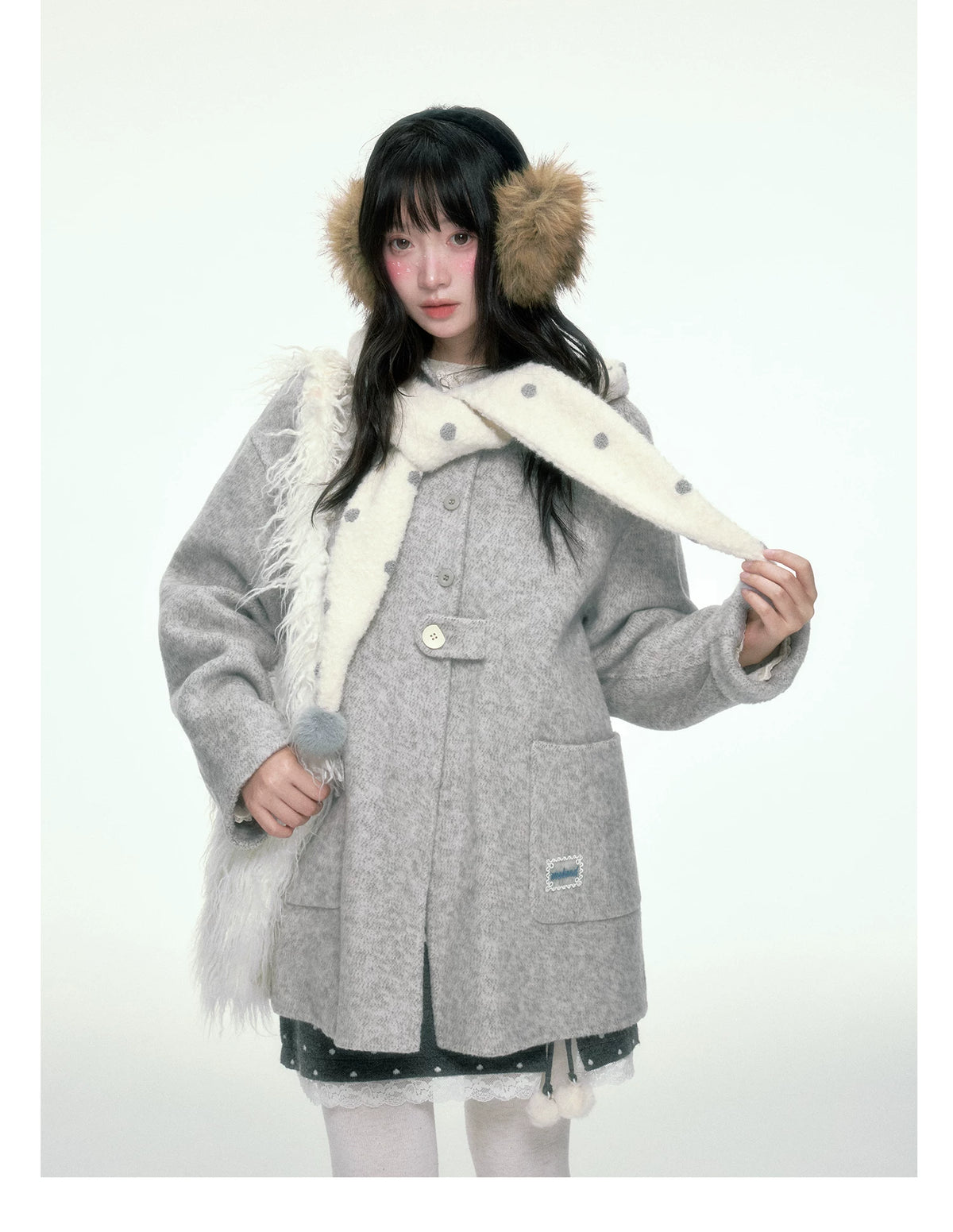 BIBIBENCY - Gray Wool-Blend Single-Breasted Coat (With White Scarf)