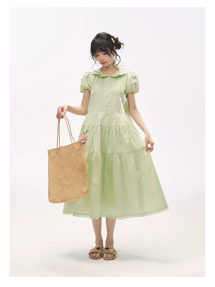 "Mint Forest" Mint Green Double Collar Tiered A-Line Midi Dress