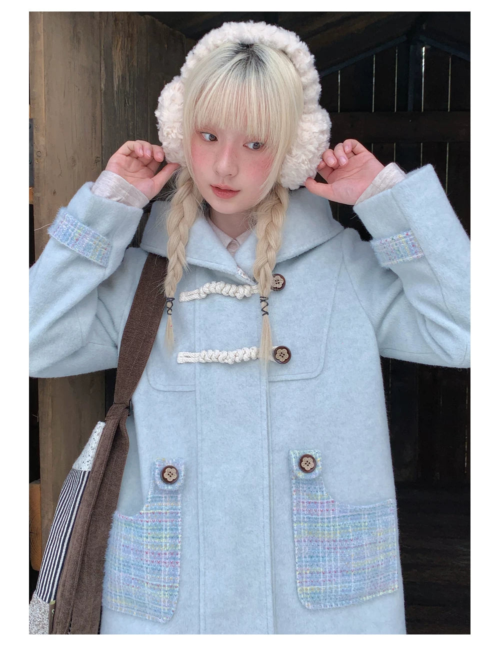 RF - Light Blue Plaid Mid-Length Wool-Blend Coat with Toggle Closures