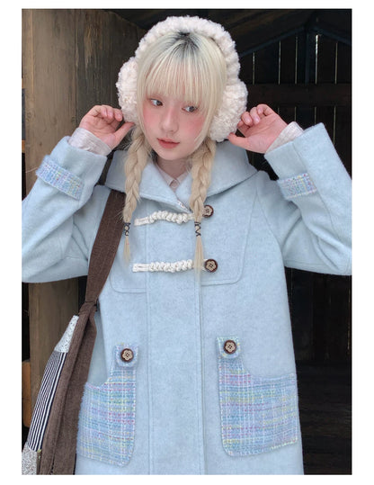 RF - Light Blue Plaid Mid-Length Wool-Blend Coat with Toggle Closures