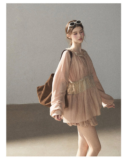 170726 "Ripples of Autumn" Milk Tea Lace Blouse & Bubble Shorts Set