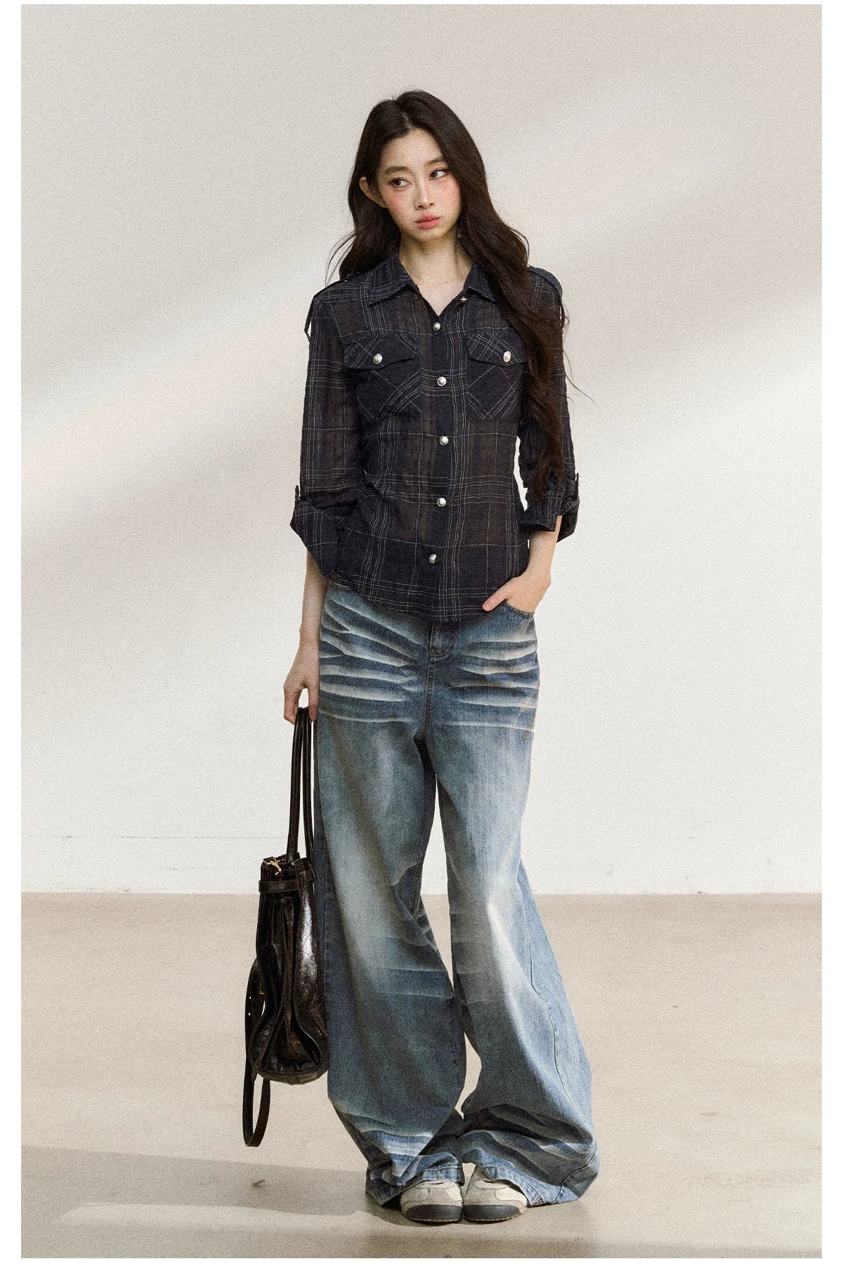 JN's DESIGN - Plaid Adjustable-Waist Long-Sleeve Shirt
