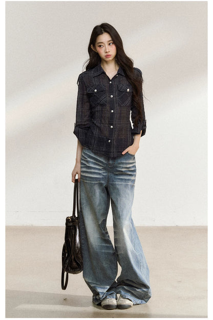 JN's DESIGN - Plaid Adjustable-Waist Long-Sleeve Shirt