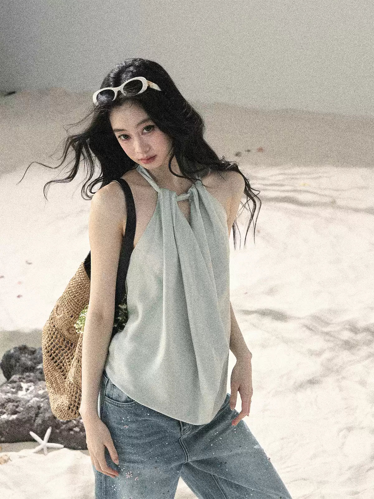 "Flowing Silk Reverie" Light Bean Green Halter Backless Top 536845