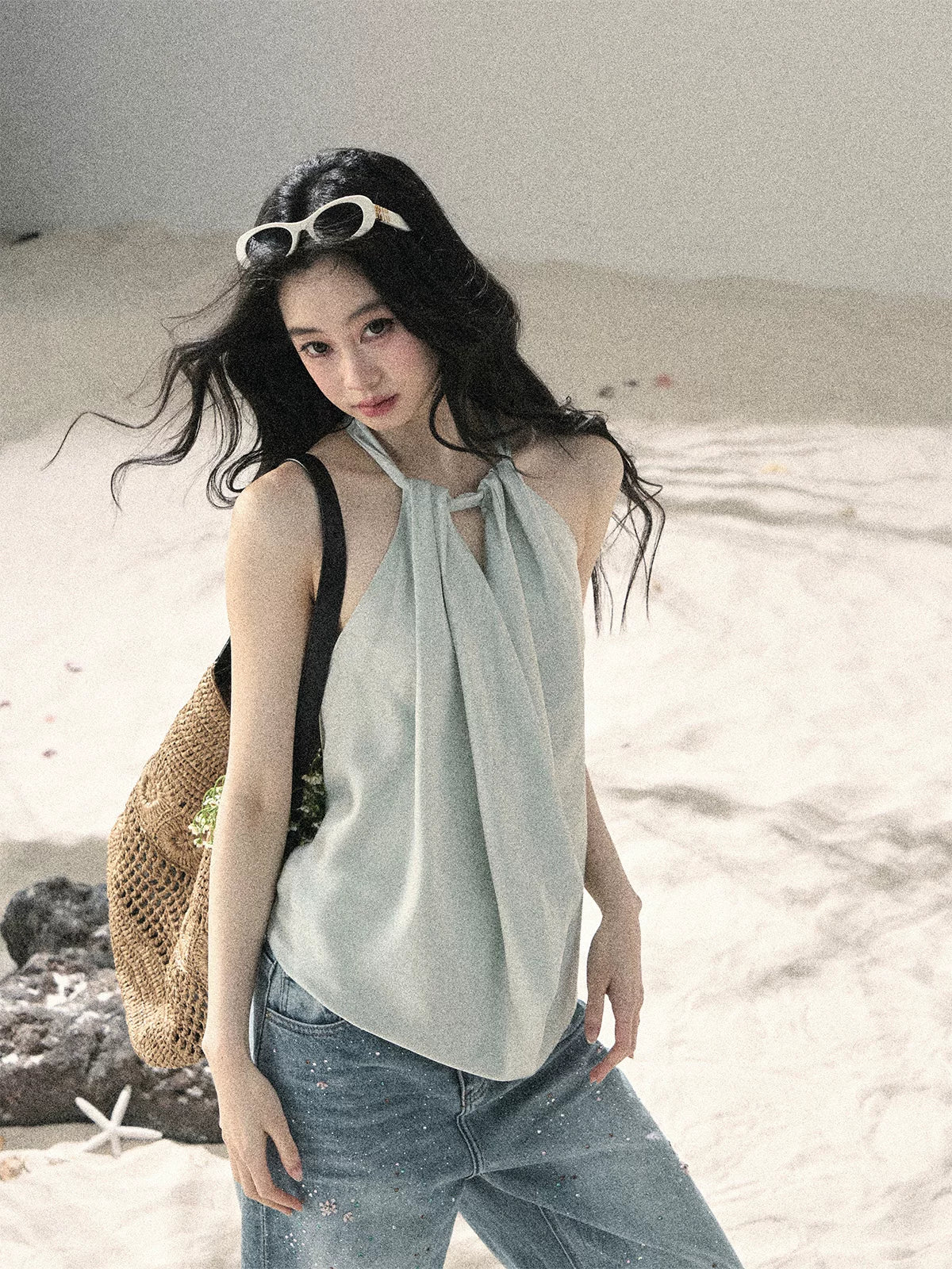 "Flowing Silk Reverie" Light Bean Green Halter Backless Top 536845