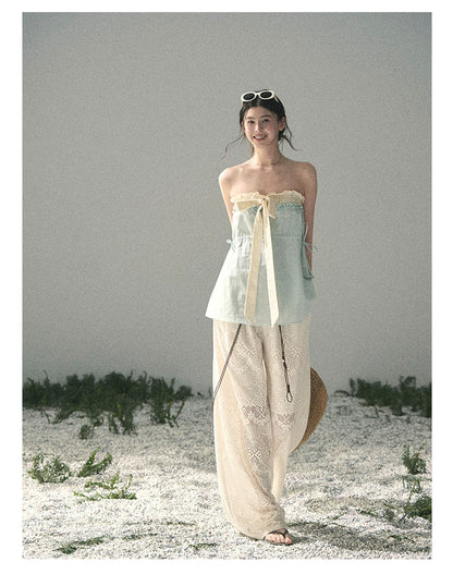 “Blue Whispers on Ivory” Mint Ruffle Bustier Top
