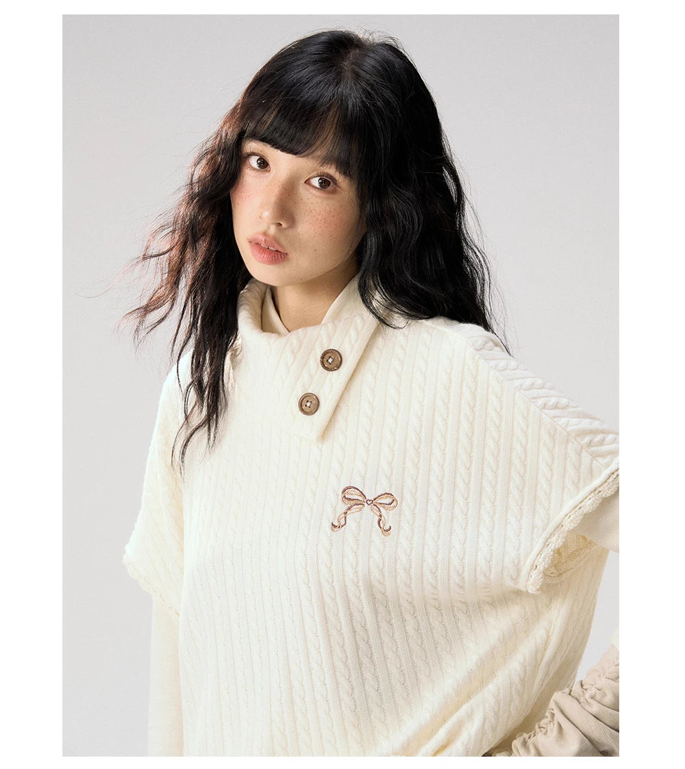 [CAN] "Cloud Knit Reverie" Ivory Cable Knit Bow Embroidered Vest