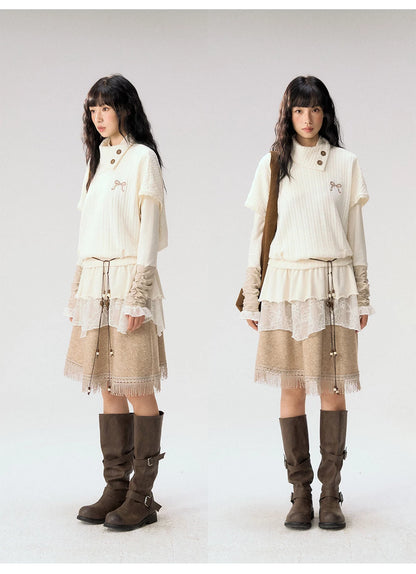 [CAN] "Cloud Knit Reverie" Ivory Cable Knit Bow Embroidered Vest