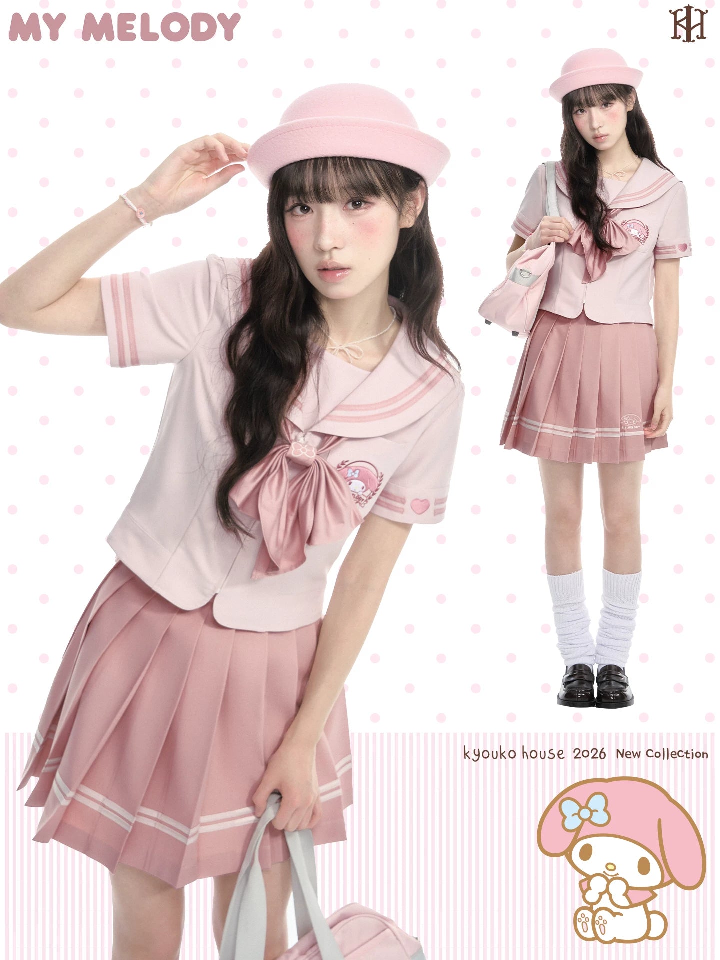 "Cherry Melody" Pink Sailor Uniform Set (Sailor Collar Shirt + Pleated Skirt + Ribbon Bow)