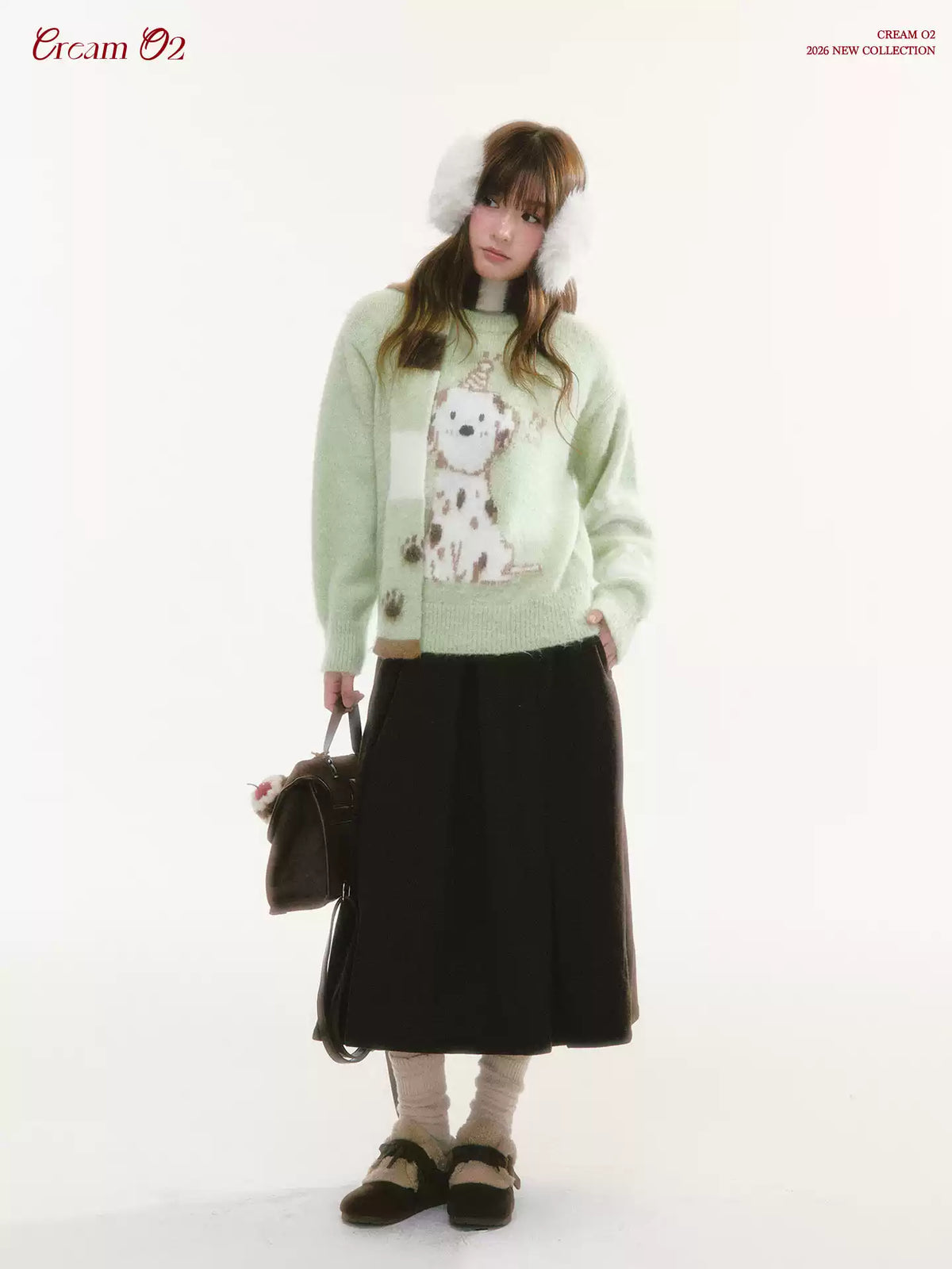CREAMO2 - Spotted Dog Jacquard Crewneck Sweater (With Scarf)