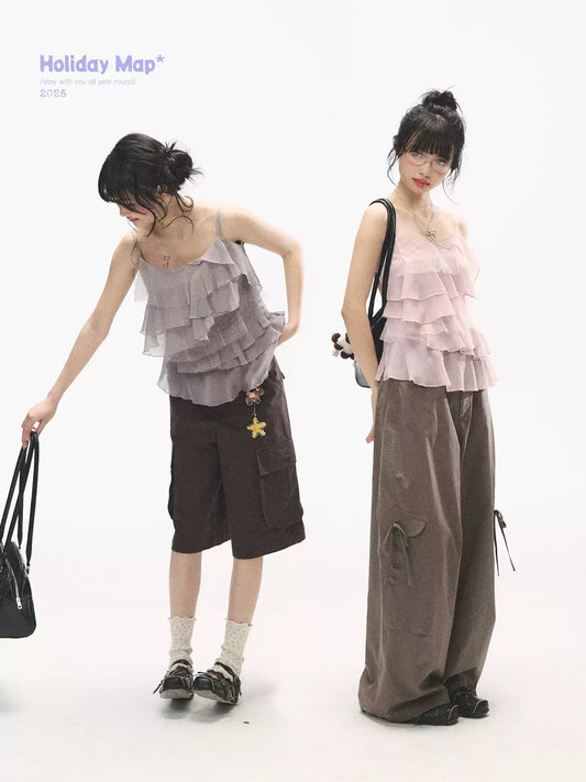 "Star Haven" Tiered Ruffle Cami Top (Cloud Blush Pink/ Moonlight Gray)