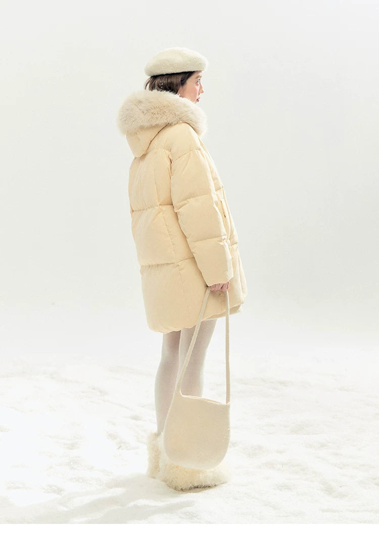 "Butter Soufflé" Vanilla Butter Hooded Mid-Length Down Coat with Faux Fox Fur Trim