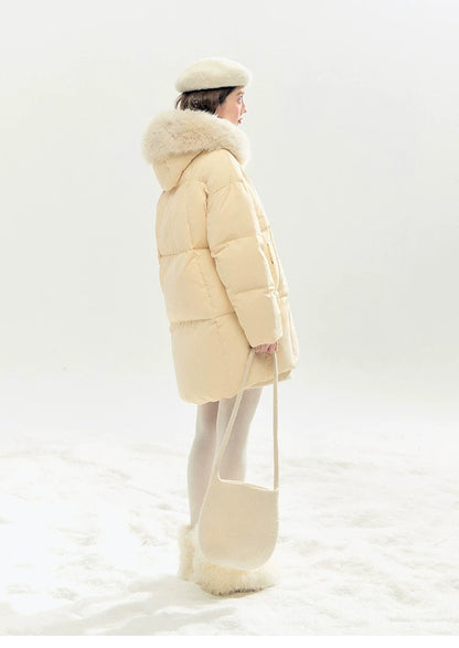 "Butter Soufflé" Vanilla Butter Hooded Mid-Length Down Coat with Faux Fox Fur Trim