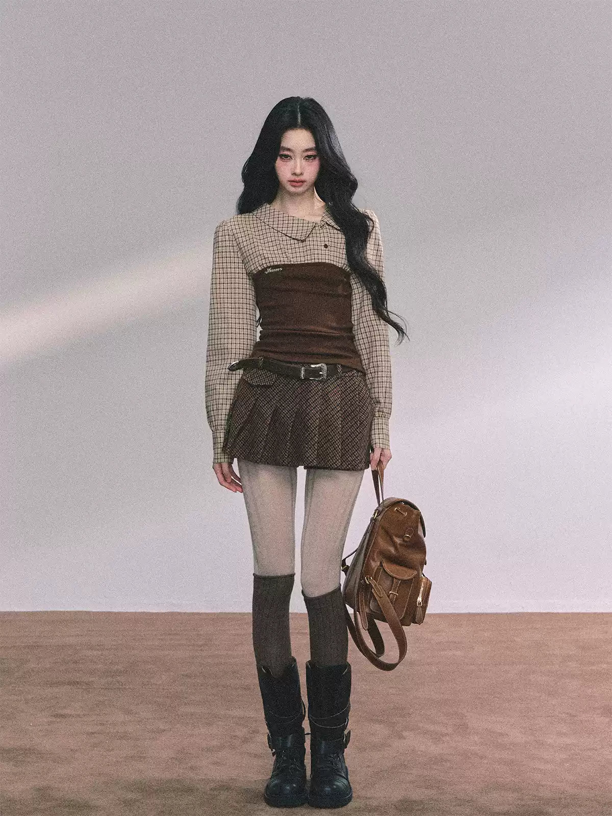 少也眼 Long Sleeve Knit Plaid Layered T-Shirt