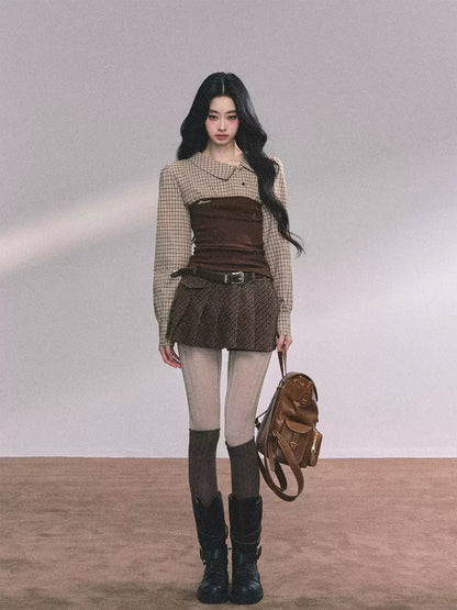 少也眼 Long Sleeve Knit Plaid Layered T-Shirt