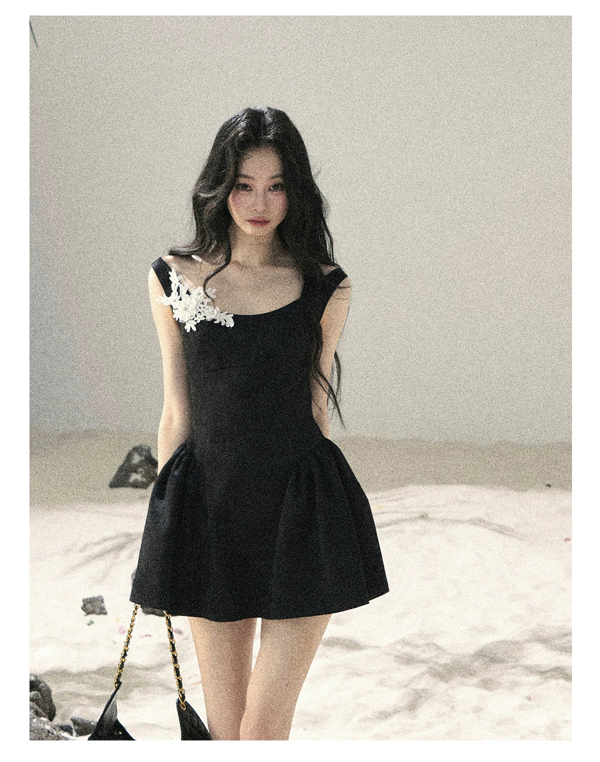 "Wisteria Climbing the Vines" Black Iris Floral Lace Puff Mini Dress 7645