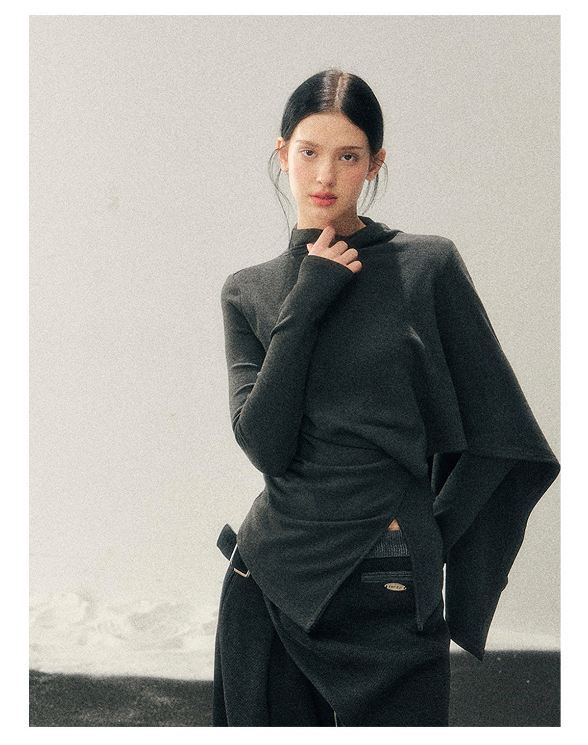 少也眼 "She Outshines the Fireworks" Charcoal Asymmetrical Wrap Top