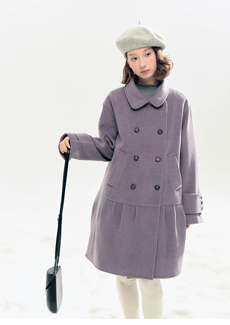 "Winter Chime" Double-Breasted Quilted Wool-Blend Coat (Smoky Purple/ Ash Gray)