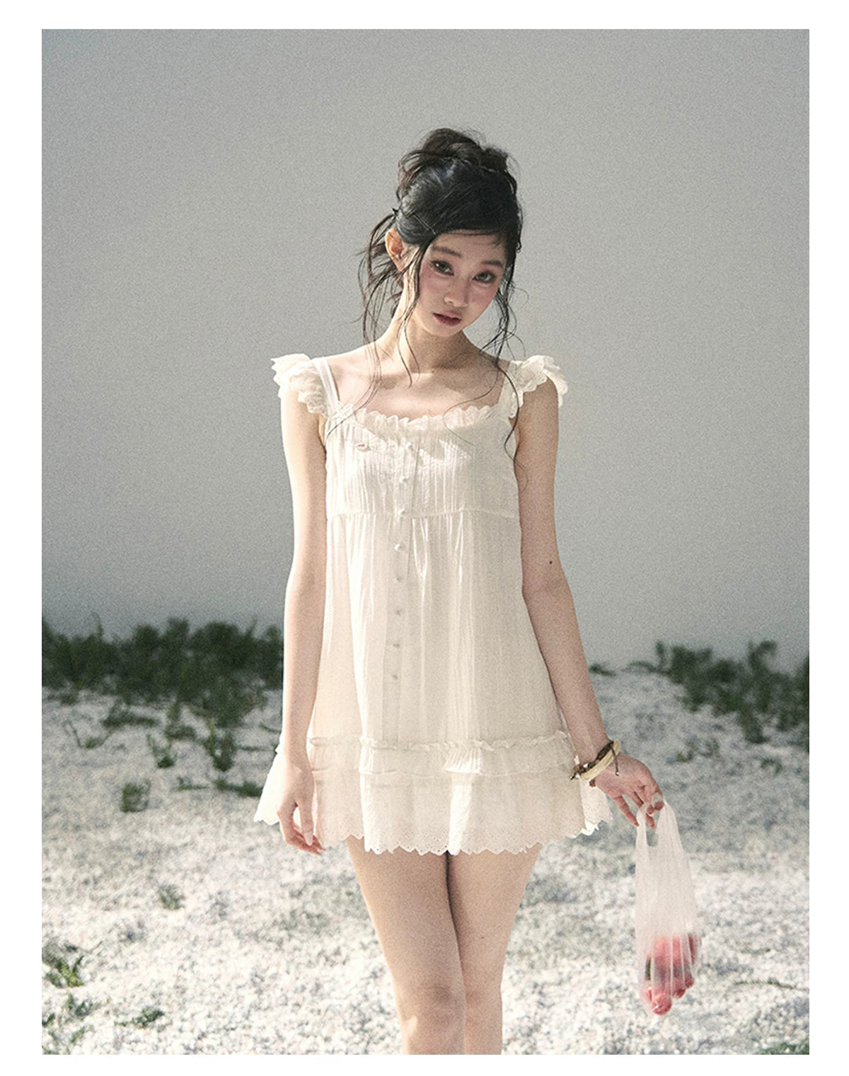 "Shimmer Along the Hem" Cloud White Lace Flutter Sleeve Babydoll Mini Dress 53413