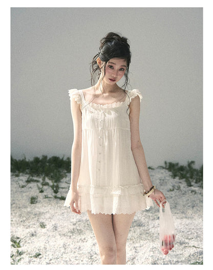 "Shimmer Along the Hem" Cloud White Lace Flutter Sleeve Babydoll Mini Dress 53413