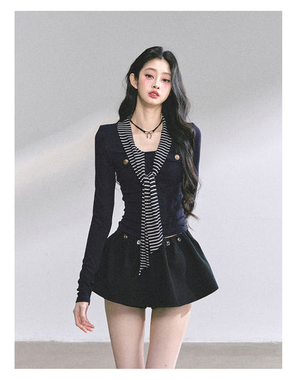 少也眼 "High-Mind Lady" American-Style Tee with Striped Neck Tie - Navy 145846315