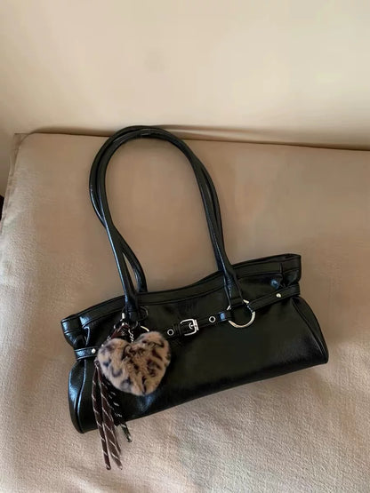 “Vintage Waxed Leather” Korean-Style Tote Shoulder Bag (Black / Brown / Burgundy)