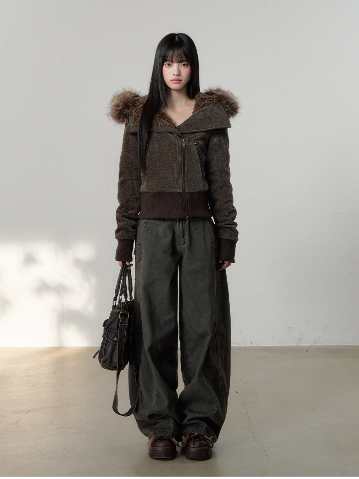 Soote Season - Deep Brown Chenille Faux-Fur Hooded Cropped Jacket